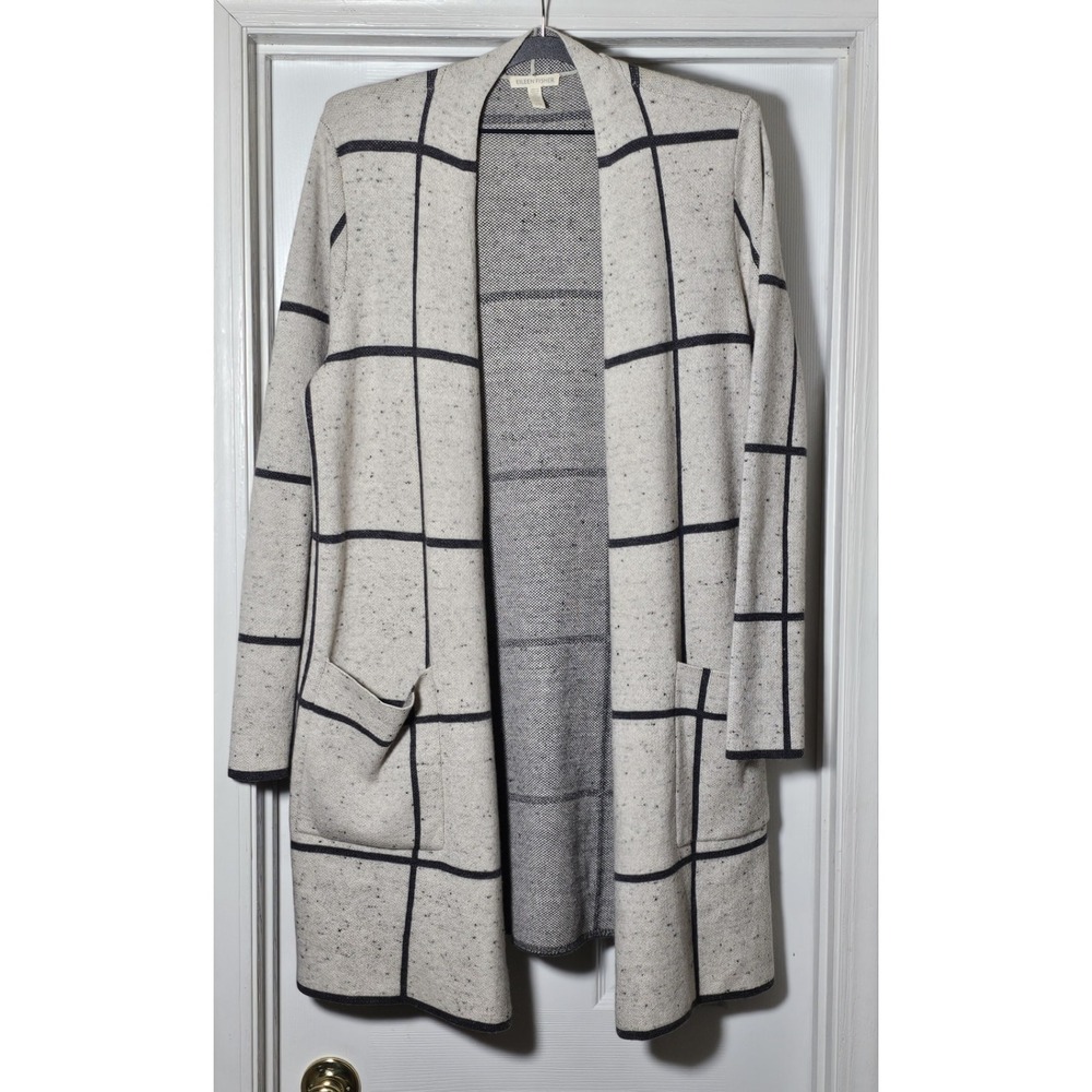 Eileen Fisher Wool Blend Cardigan Womens Large Striped Open Front Window Pane